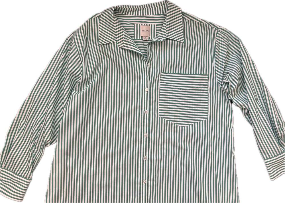 Maeve Soren Green & White Striped Long-Sleeve Shirt Dress Large Petite NWT - Picture 5 of 15
